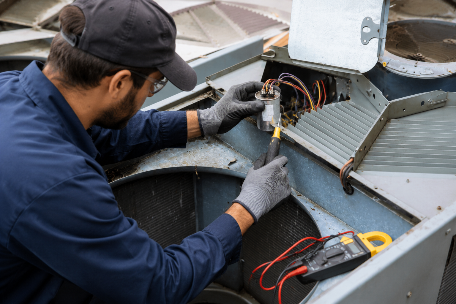 Homeowner speaking with the best AC repair technician during a residential air conditioning inspection